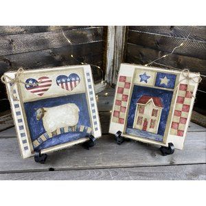 Set Of 2 Primitive Patriotic Country Farmhouse Decor Decoupage Ceramic Tiles